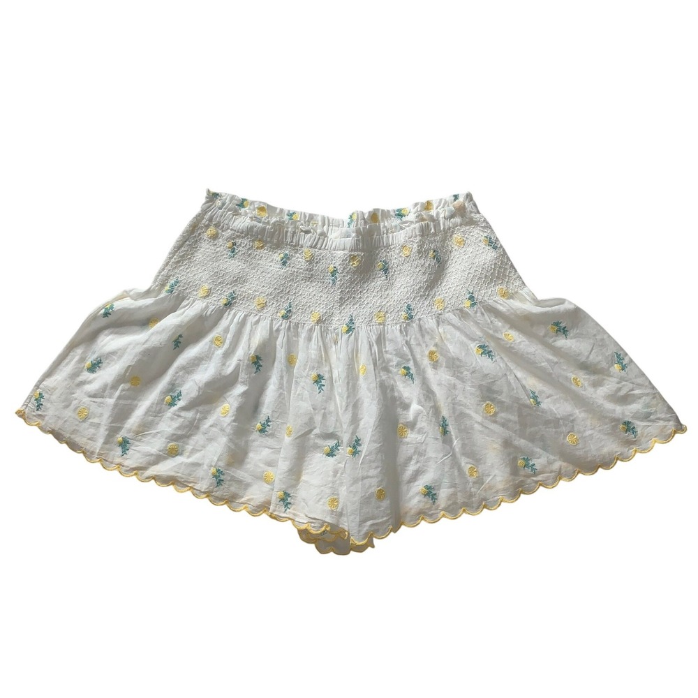 Joie White Cotton Lemon Embroidered Smocked Waist Scalloped Hem Shorts Small